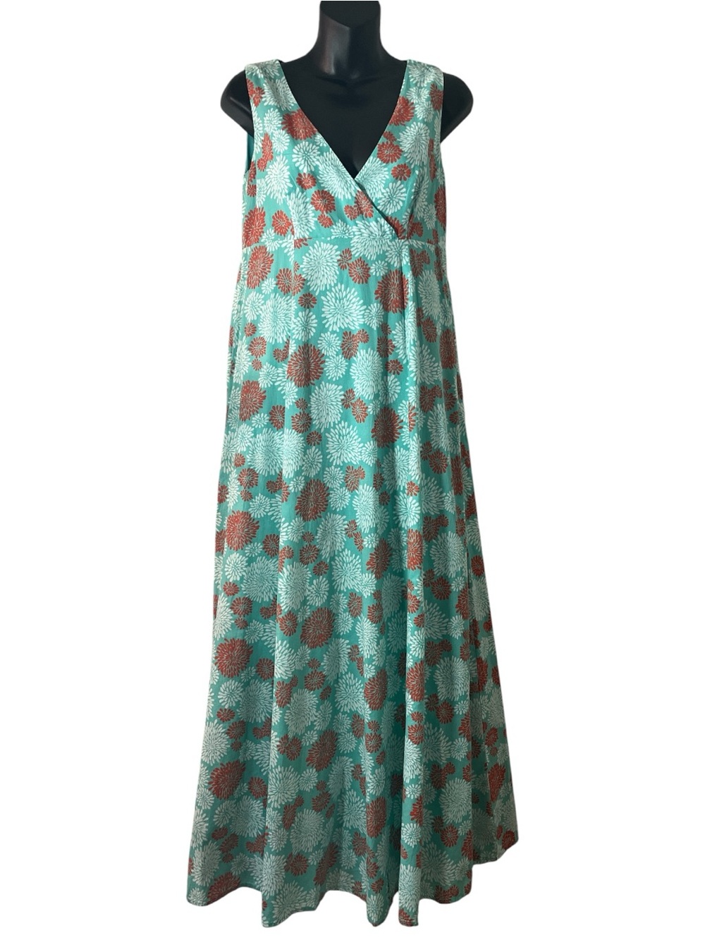 Laura Ashley turquoise chrysanthemum floral motif maxi dress Sz 4 cotton
